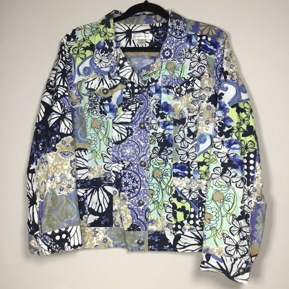 100% cotton denim jacket in navy blue minty green gold with butterfly scrolls XL - Picture 1 of 7